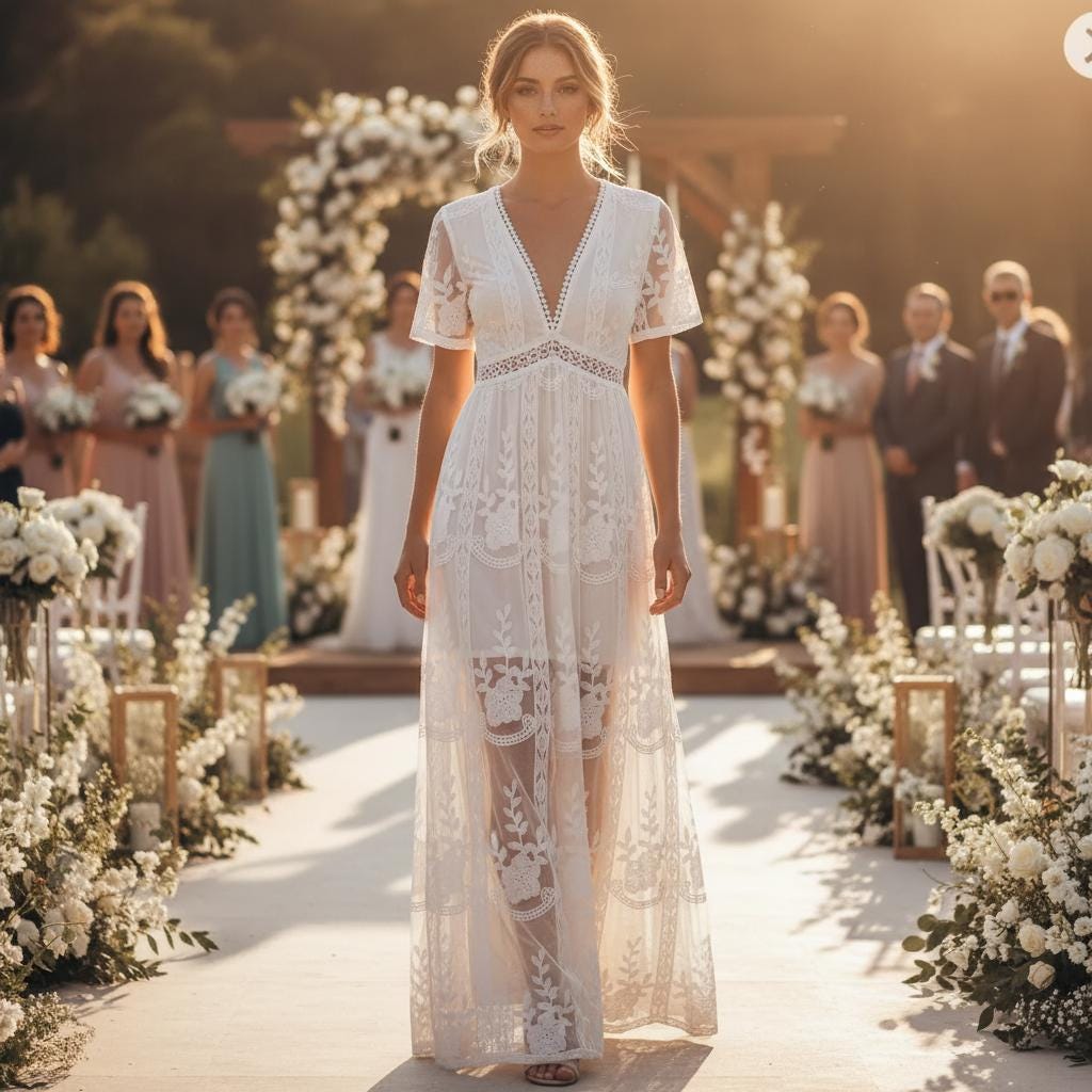 Simple Boho White Lace Maxi Dress Embroidery Loose Vacation Wedding Dress