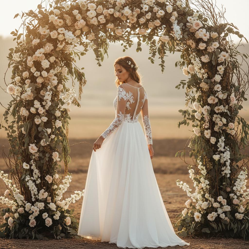 Simple Boho Lace Wedding Dress Long Sleeve Open Back Bridal Gown