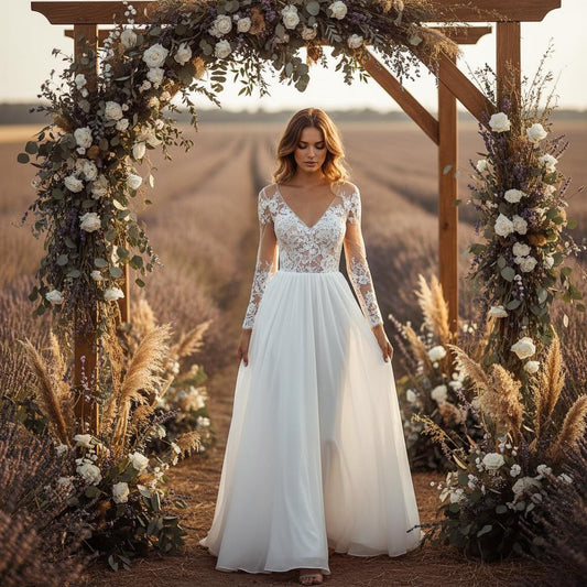 Simple Boho Lace Wedding Dress Long Sleeve Open Back Bridal Gown