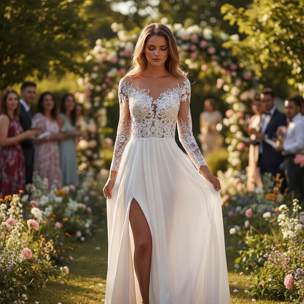 Simple Boho Lace Wedding Dress Long Sleeve Open Back Bridal Gown