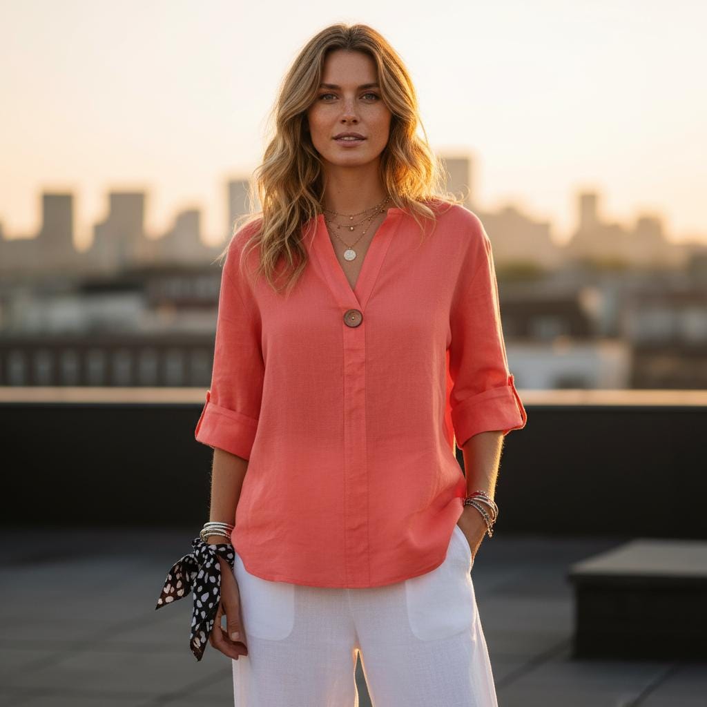 Boho Cotton Linen V Neck Blouse 3/4 Sleeve Loose Summer Top