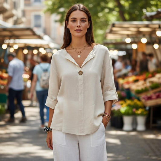Women's Boho Linen Blouse V Neck Loose Fit Summer Cotton Top