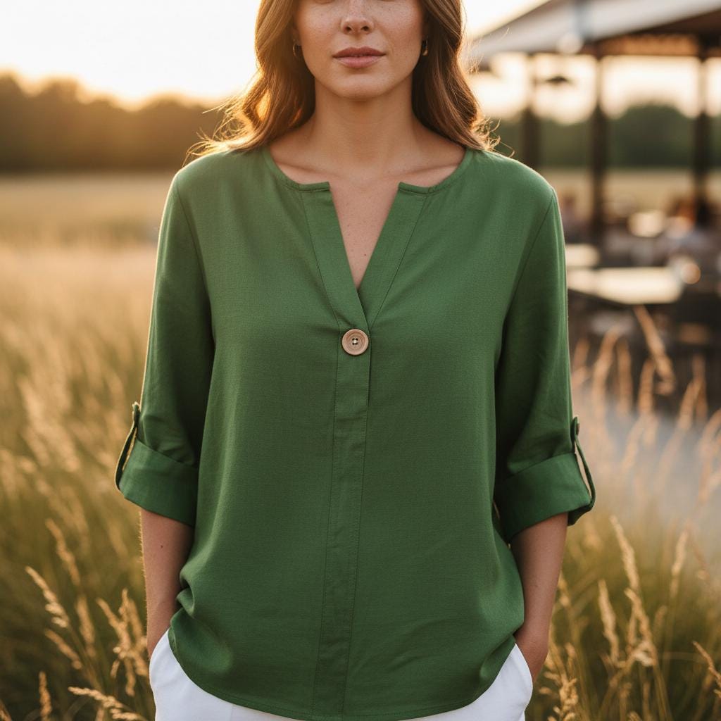 Casual Cotton Linen V Neck Blouse 3/4 Sleeve Boho Summer Shirt