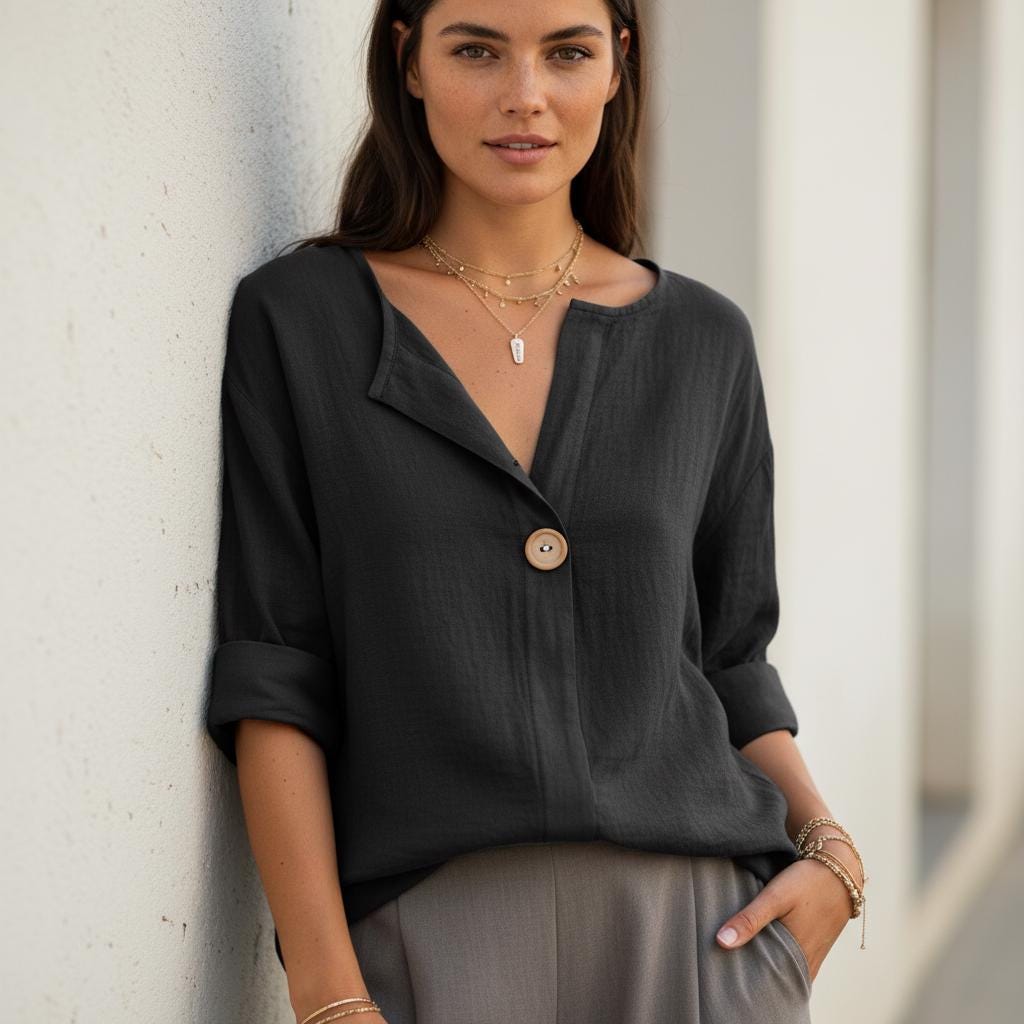 Loose Fit Boho Cotton Blouse V Neck 3/4 Sleeve Summer Top