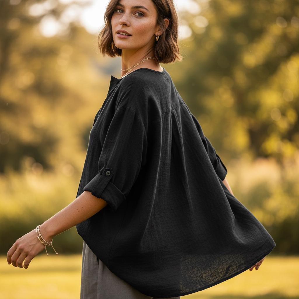 Loose Fit Boho Cotton Blouse V Neck 3/4 Sleeve Summer Top