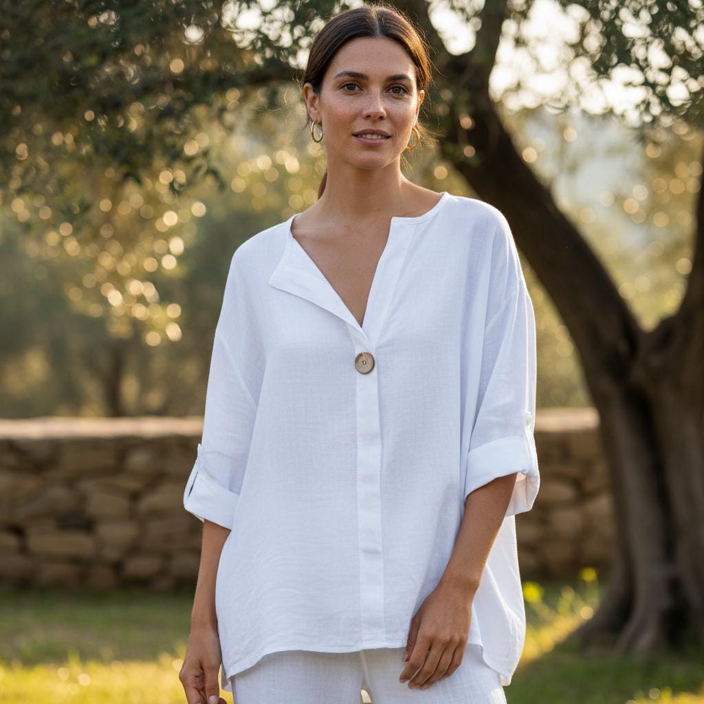 Boho Summer Blouse Cotton Linen V Neck Casual Loose Shirt