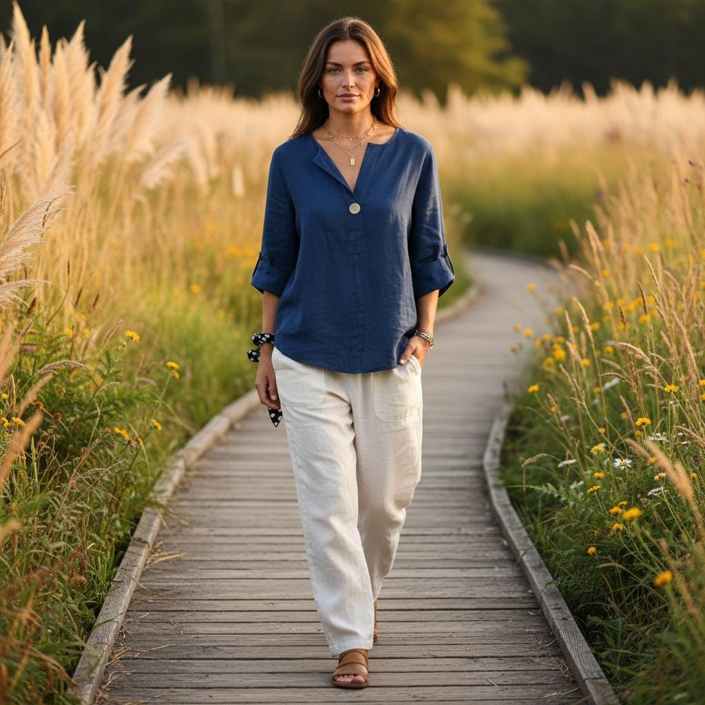 Women's Cotton Linen Boho Top V Neck Loose Summer Blouse