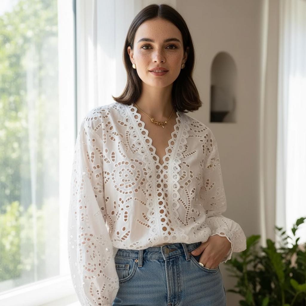 Boho White Cotton Blouse Embroidered V Neck Lace Long Sleeve Top