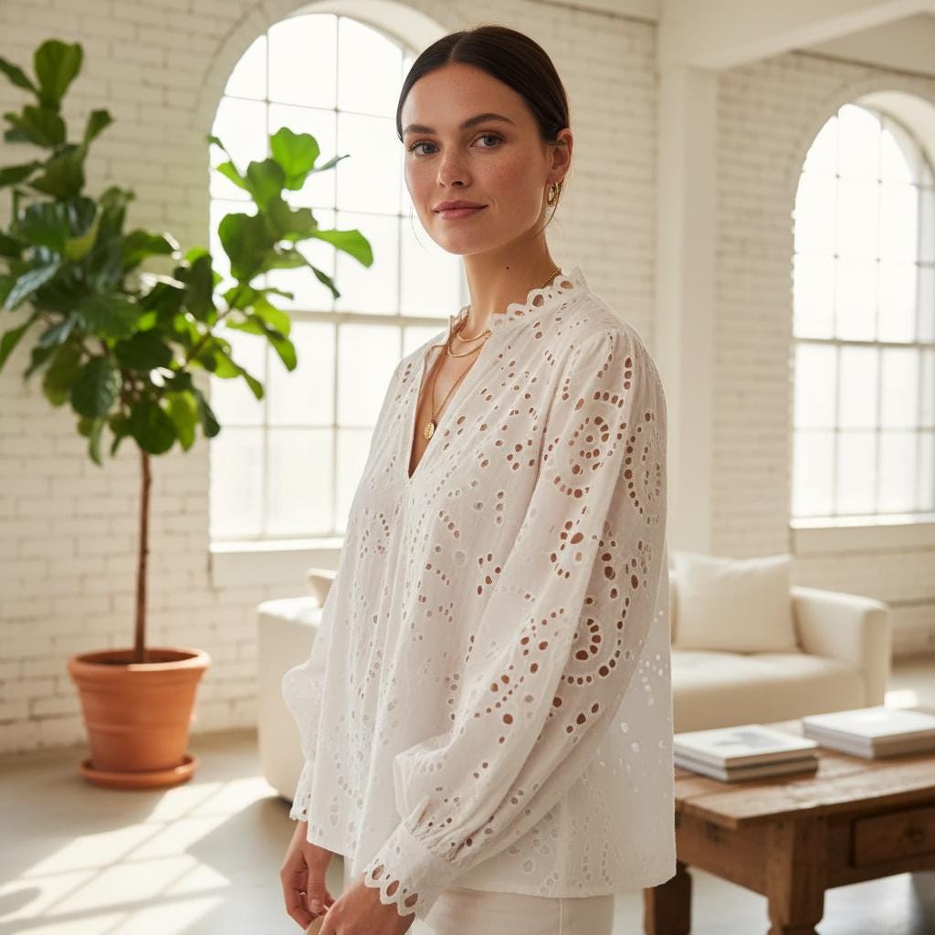 Boho White Cotton Blouse Embroidered V Neck Lace Long Sleeve Top