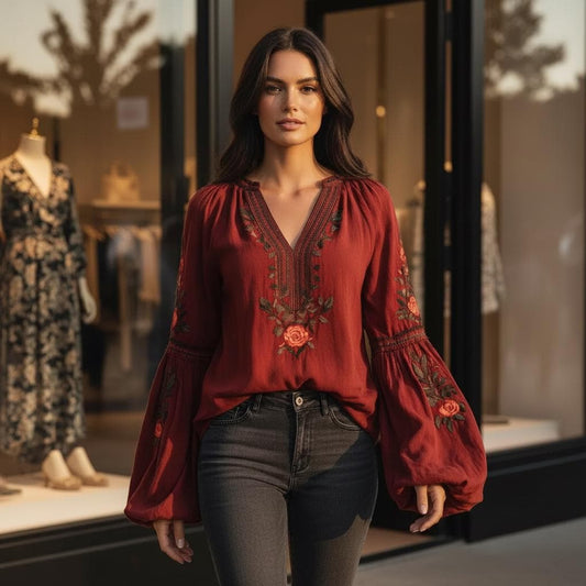 Vintage Boho Blouse Women V Neck Floral Embroidered Bell Sleeve Top