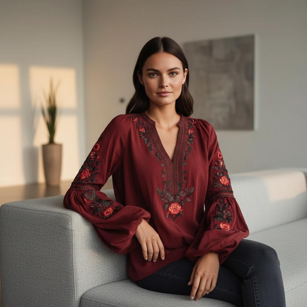 Vintage Boho Blouse Women V Neck Floral Embroidered Bell Sleeve Top
