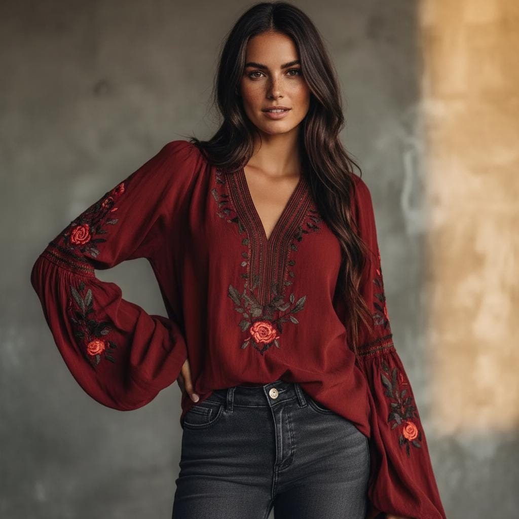 Vintage Boho Blouse Women V Neck Floral Embroidered Bell Sleeve Top