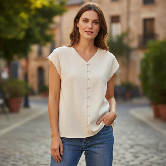 Boho Cotton V Neck Tank Top Sleeveless Button Blouse Summer