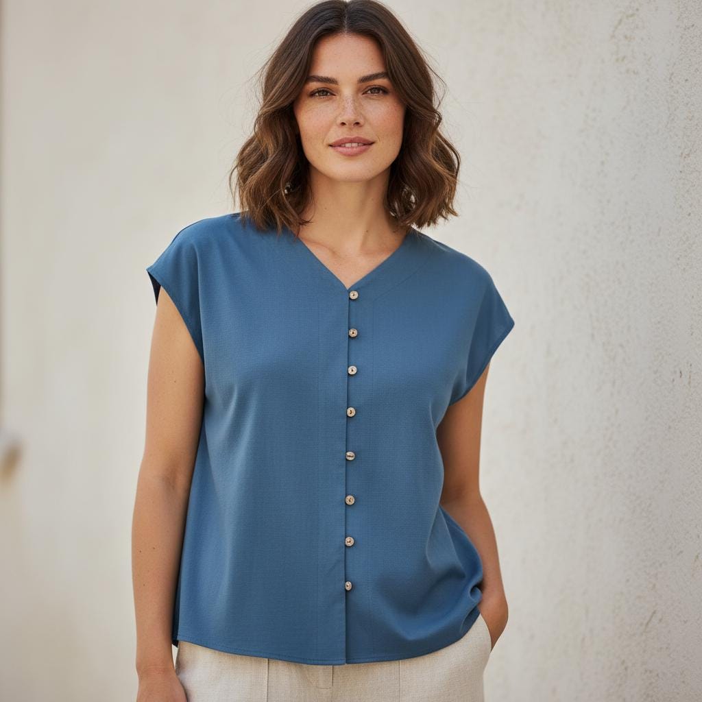 Sleeveless Boho Cotton Blouse V Neck Button Summer Casual Top