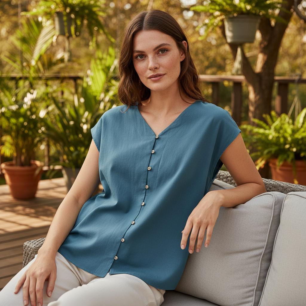 Sleeveless Boho Cotton Blouse V Neck Button Summer Casual Top