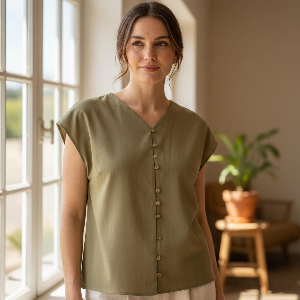 Women Boho Sleeveless Cotton Top V Neck Button Casual Blouse