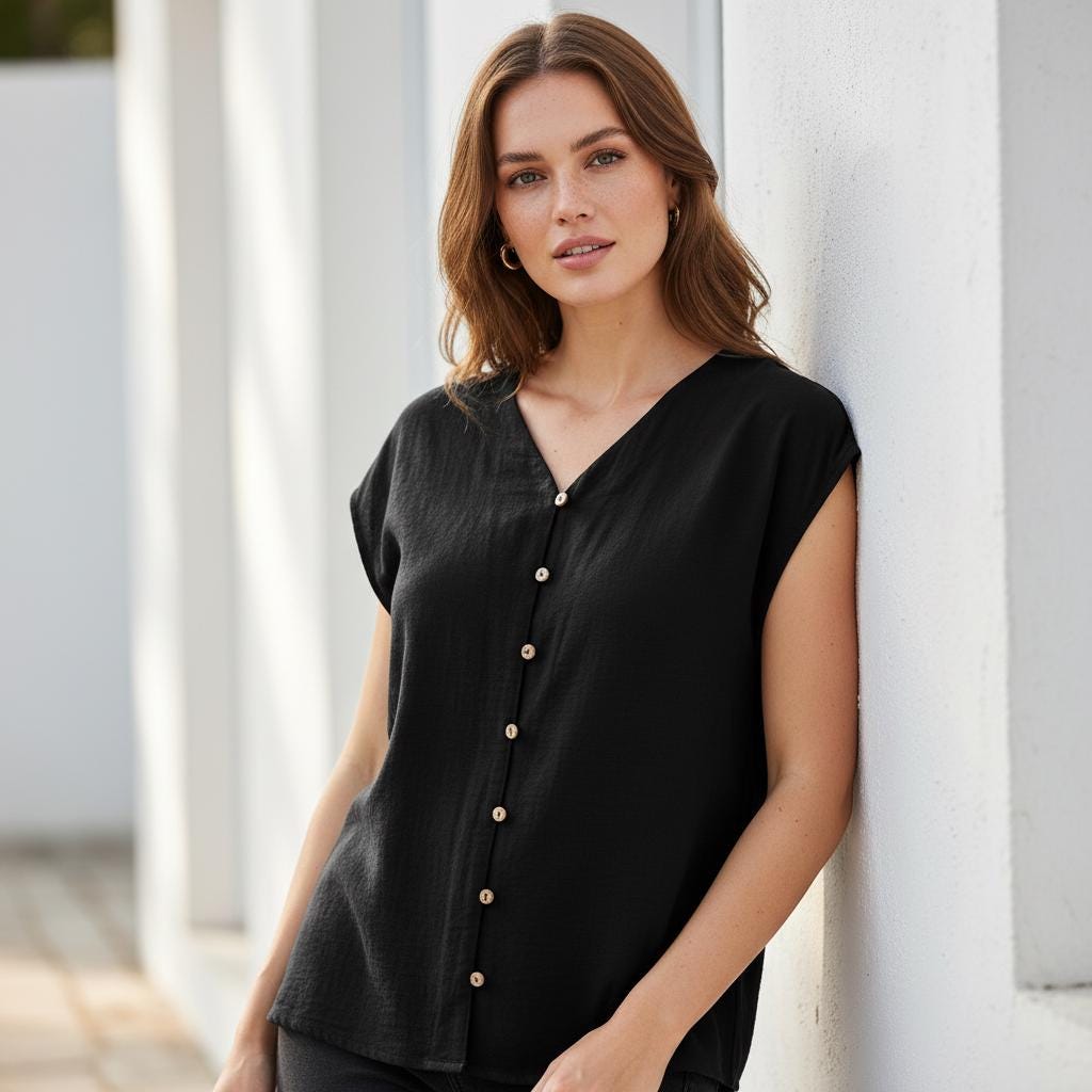 Casual Boho Cotton Tank Top V Neck Sleeveless Button Blouse