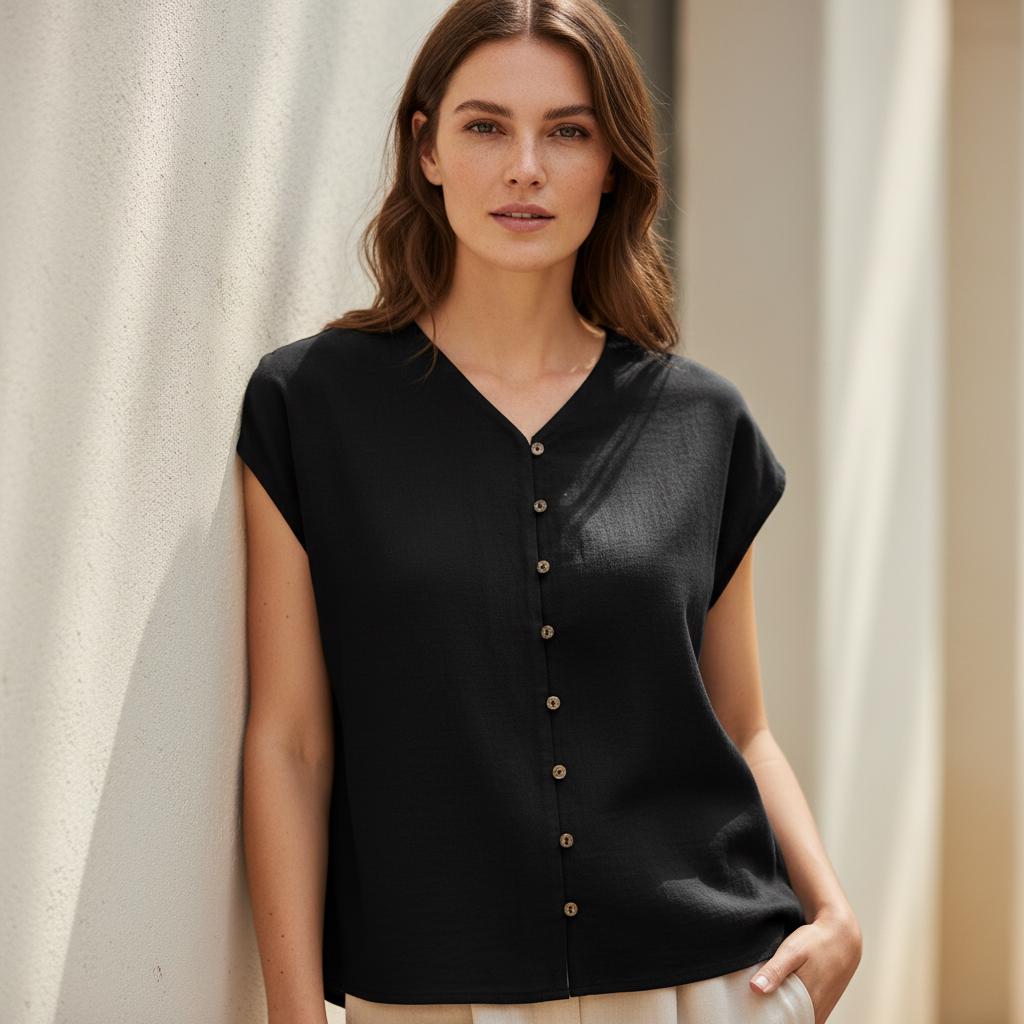 Casual Boho Cotton Tank Top V Neck Sleeveless Button Blouse