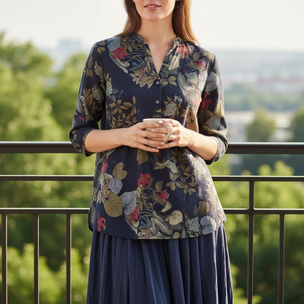 Boho Floral V Neck Blouse Women Cotton Loose Ethnic Spring Top