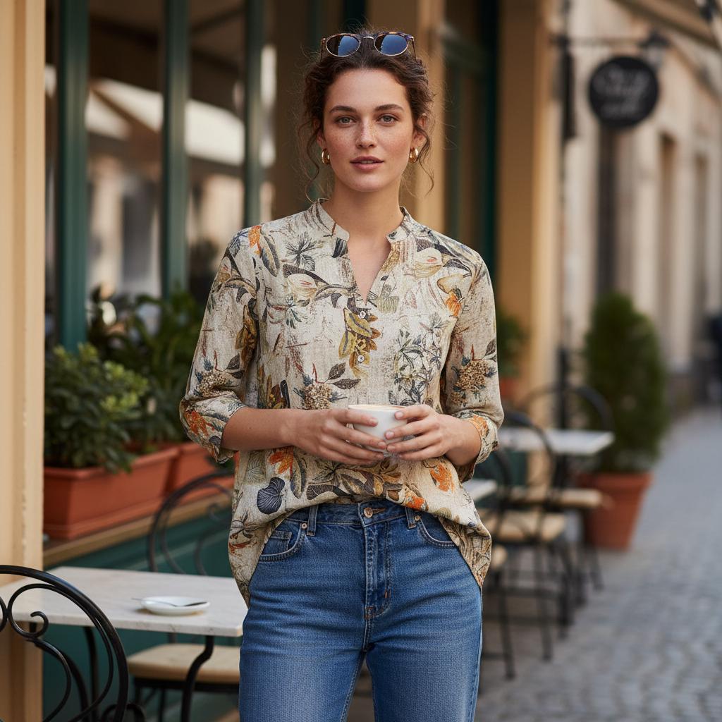 Women Boho Cotton Blouse Floral V Neck Loose Retro Spring Top