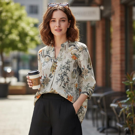 Women Boho Cotton Blouse Floral V Neck Loose Retro Spring Top