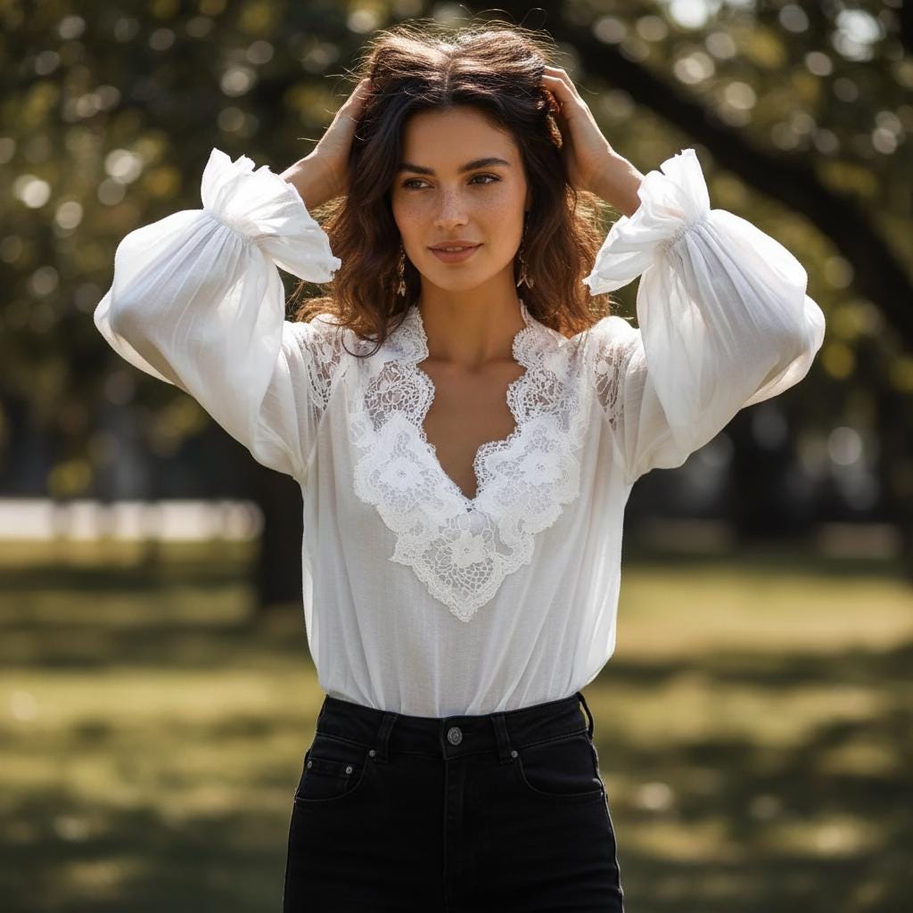 White Lace V Neck Blouse Puff Sleeve Elegant Work Shirt Women
