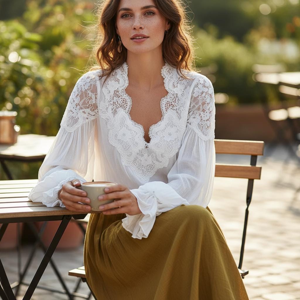 White Lace V Neck Blouse Puff Sleeve Elegant Work Shirt Women
