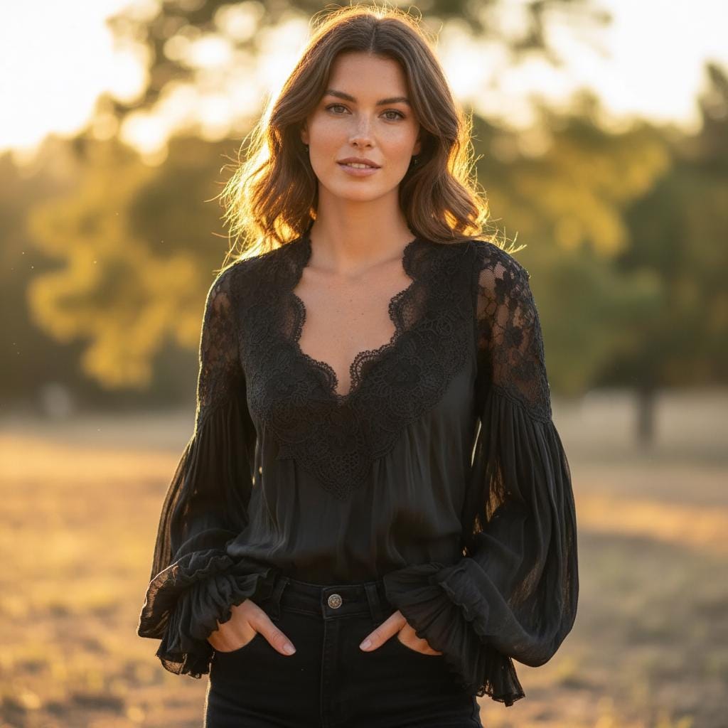 Black Lace Puff Sleeve Blouse V Neck Elegant Office Shirt Women