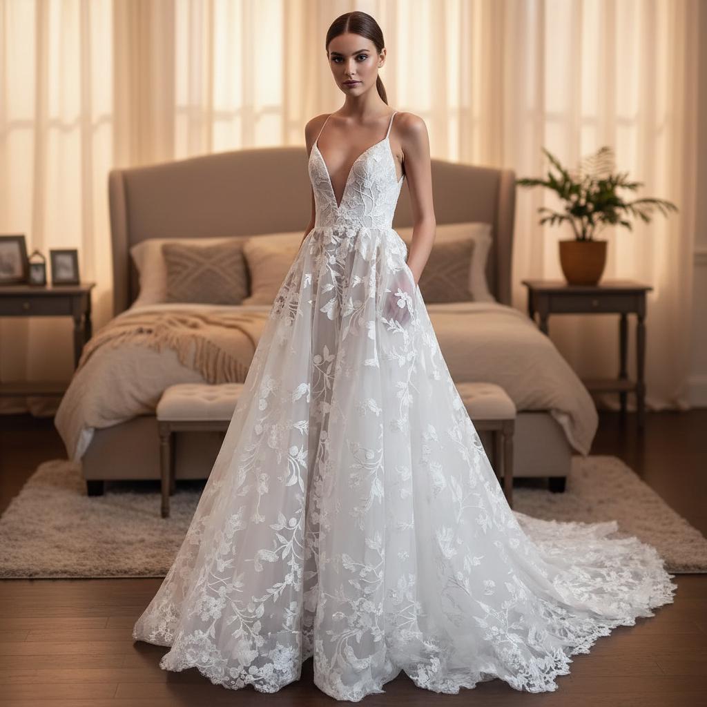 White Lace Strapless Midi Dress Elegant V Neck Hollow Out Princess Style