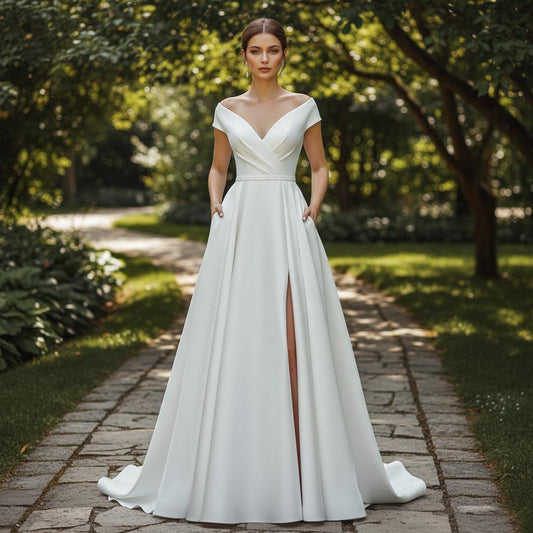 Boho Wedding V Neck Ruffle Split Dress Slim Bridal Guest Dress