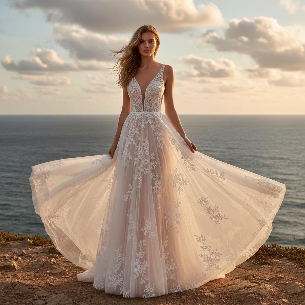 Boho Lace V Neck Sleeveless Wedding Dress Elegant Back Zip Gown