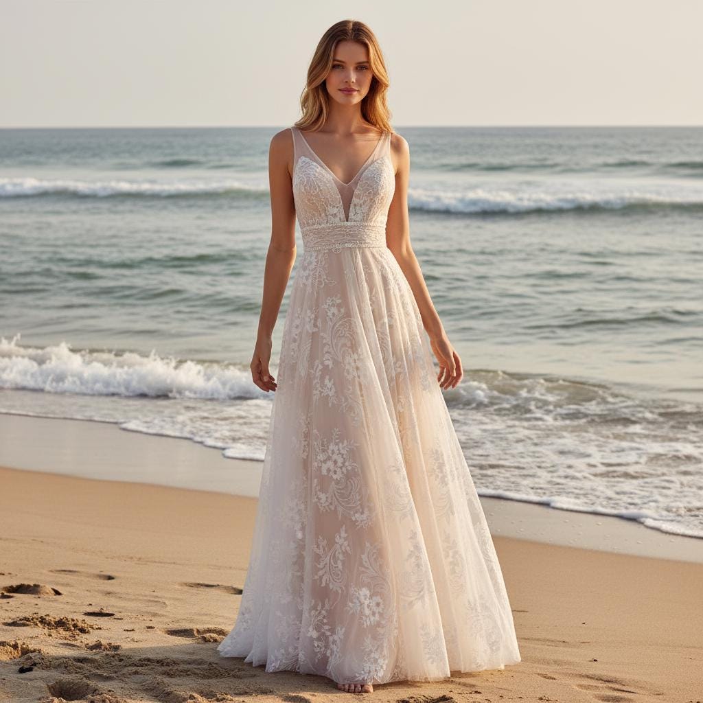 Boho Lace V Neck Sleeveless Wedding Dress Elegant Back Zip Gown
