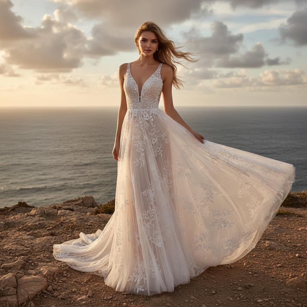 Boho Lace V Neck Sleeveless Wedding Dress Elegant Back Zip Gown