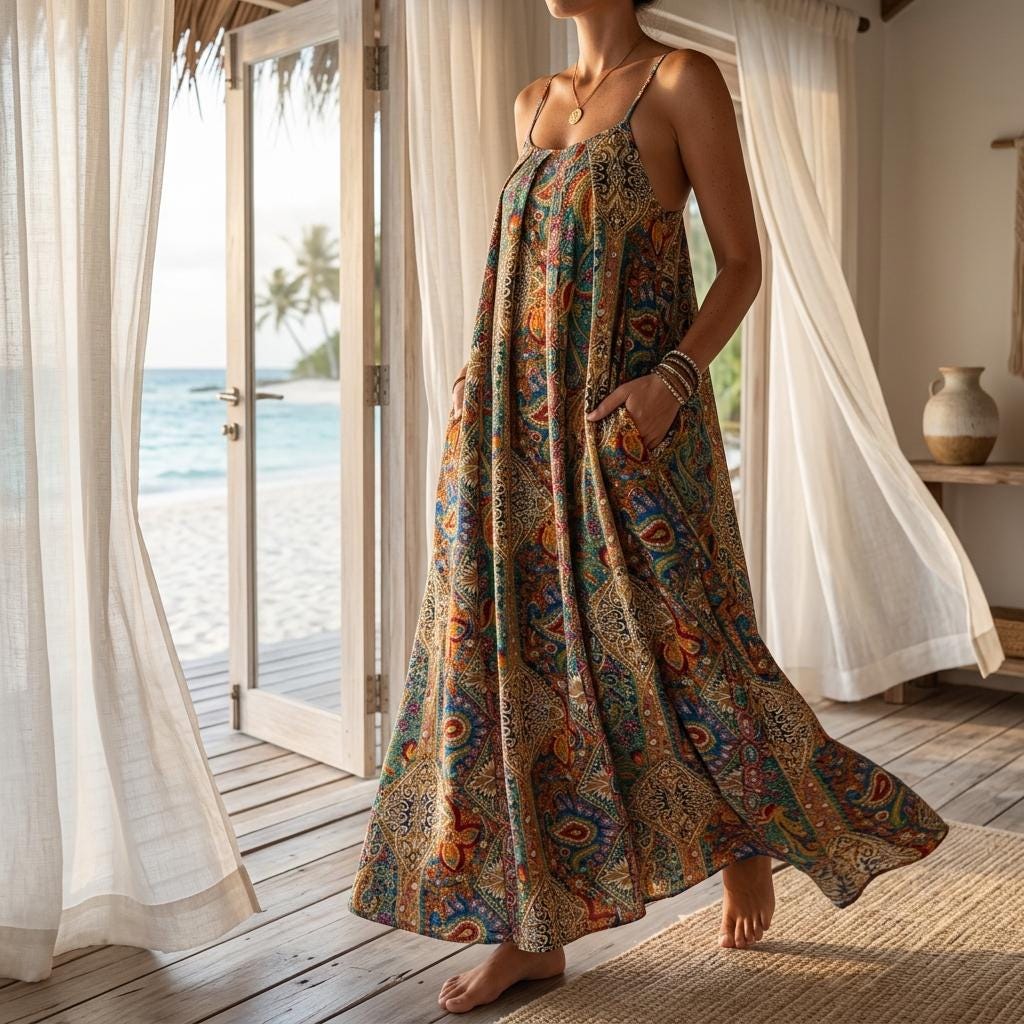 Plus Size Boho Paisley Maxi Dress Spaghetti Strap Loose Summer Dress