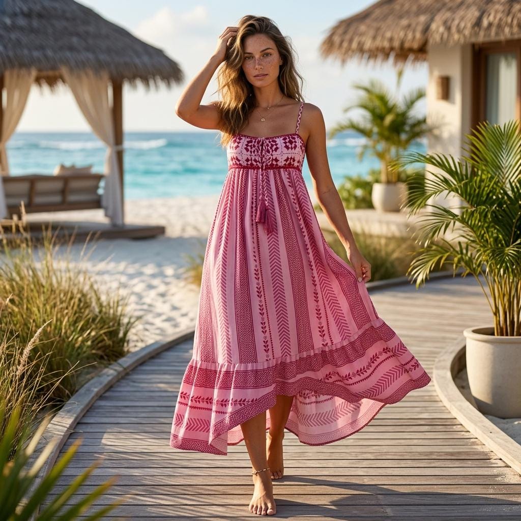 Boho Geometric Crochet Tassel Sleeveless Flowy A-Line Summer Dress