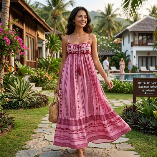 Boho Geometric Crochet Tassel Sleeveless Flowy A-Line Summer Dress