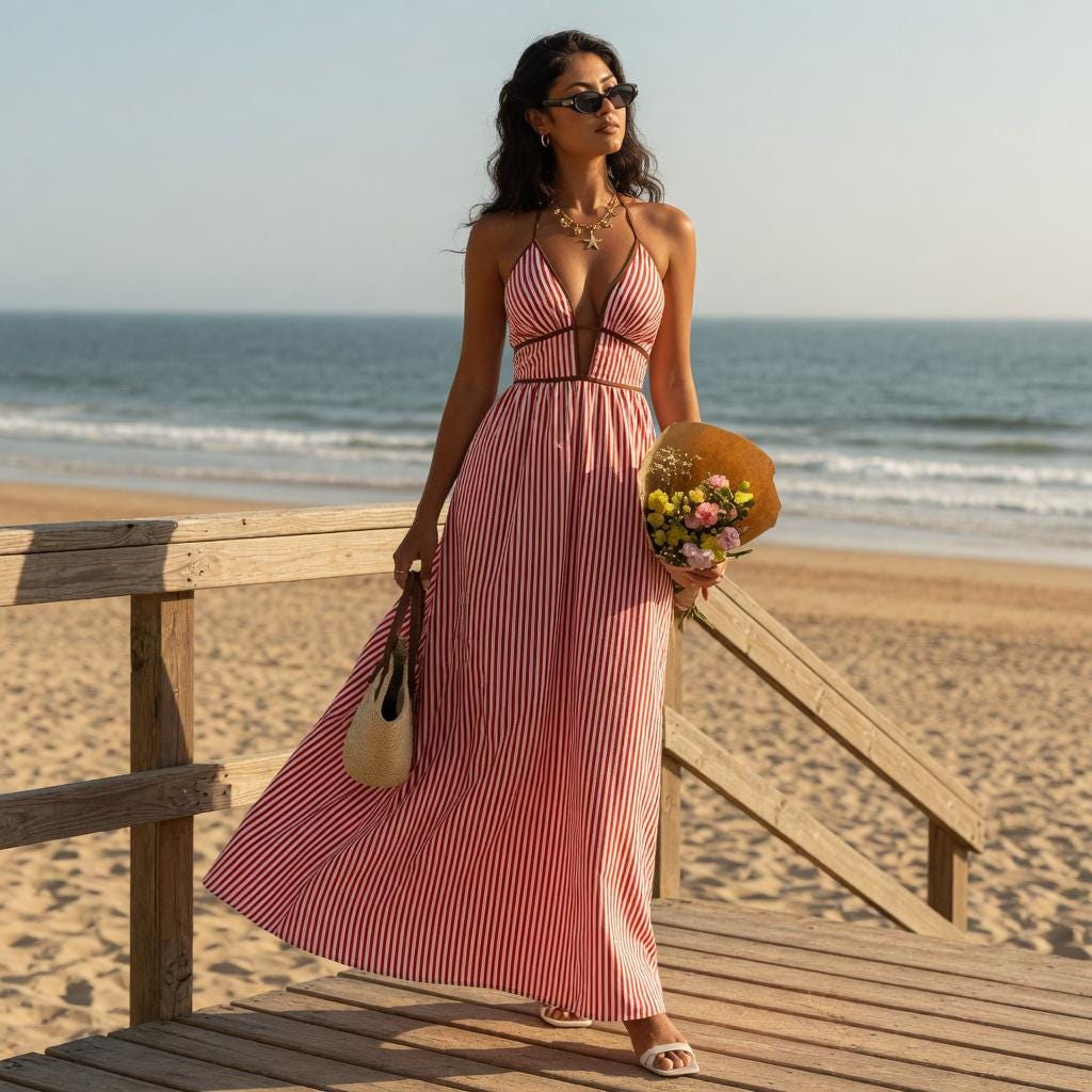 Striped Boho Maxi Dress V Neck Backless Summer Beach Dress