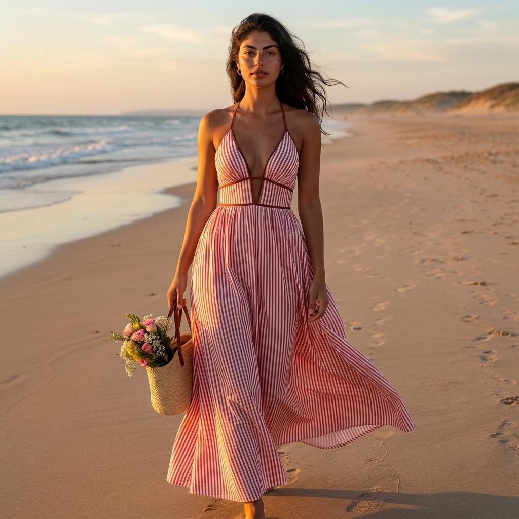 Striped Boho Maxi Dress V Neck Backless Summer Beach Dress