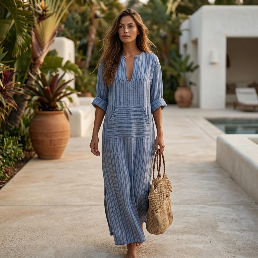 Boho Striped Cotton Linen Maxi Dress Short Sleeve Beach Pocket Dress