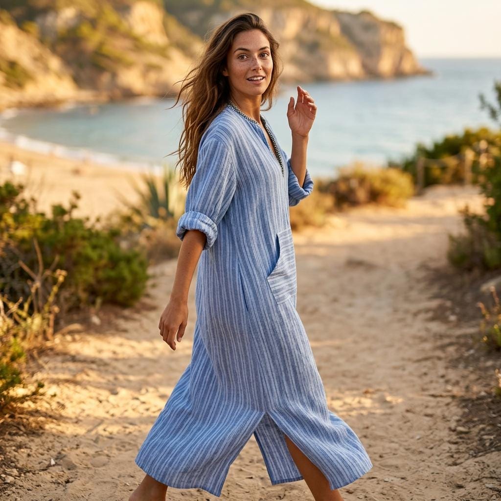 Boho Striped Cotton Linen Maxi Dress Short Sleeve Beach Pocket Dress