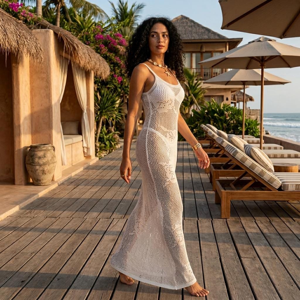 Boho Crochet Beach Cover Up Sleeveless Hollow Out Tunic Dress