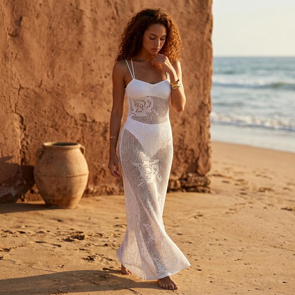 Boho Crochet Beach Cover Up Sleeveless Hollow Out Tunic Dress