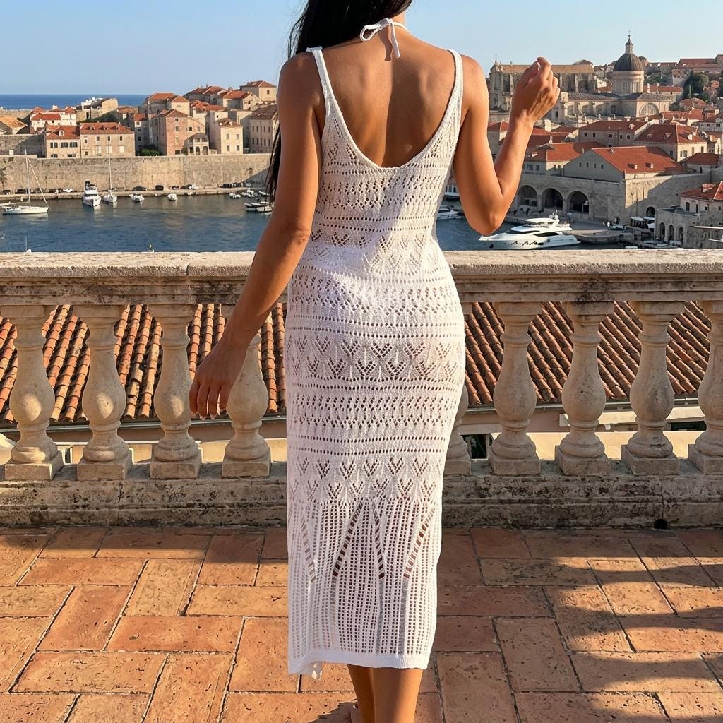 Elegant Hollow Out Maxi Dress Bikini Cover Up Suspender Waist Slim Fit