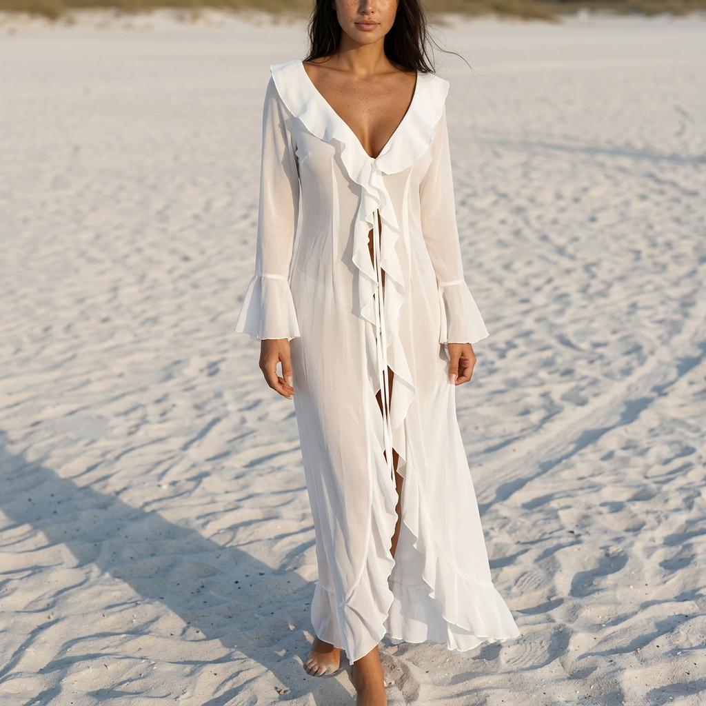 Chiffon Beach Cover Up Dress V Neck Ruffle Long Sleeve