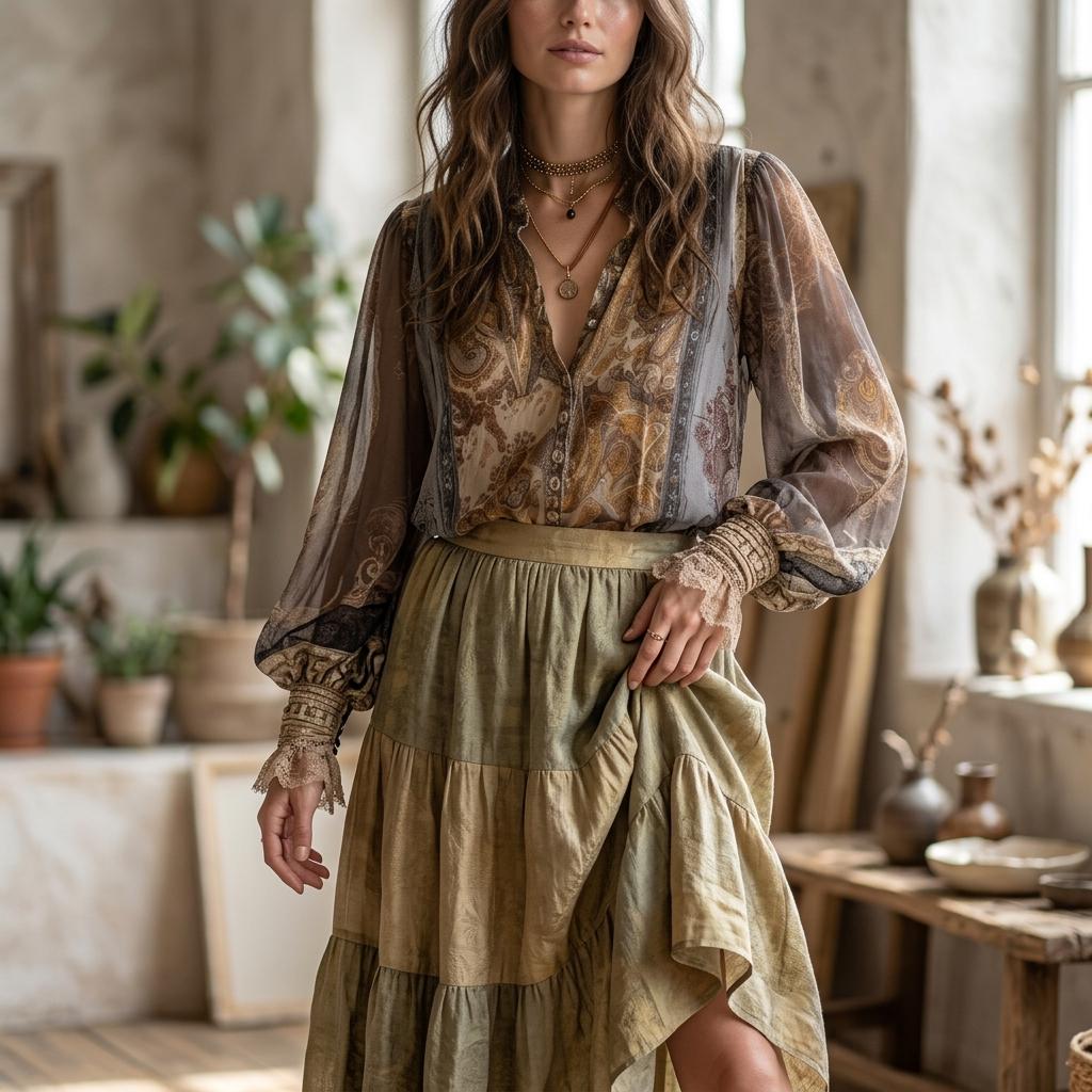 Elegant Paisley Lace Patchwork Boho Blouse Long Sleeve Loose Shirt
