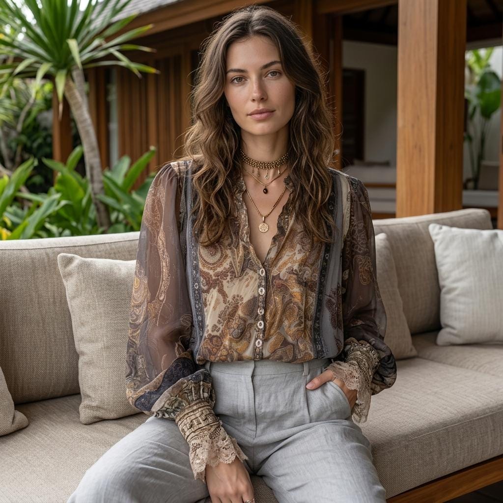 Elegant Paisley Lace Patchwork Boho Blouse Long Sleeve Loose Shirt
