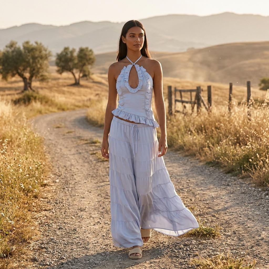 Y2K Boho Two Piece Set Ruched Halter Top Tiered Maxi Skirt