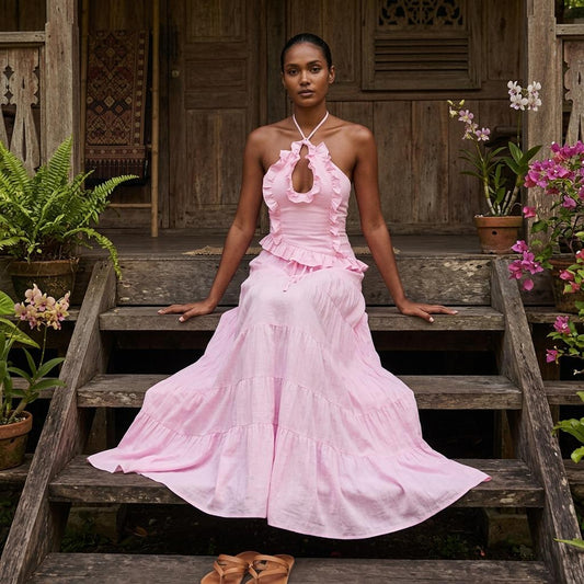 Summer Boho Two Piece Set Flowy Ruffle Skirt Halter Cami Top