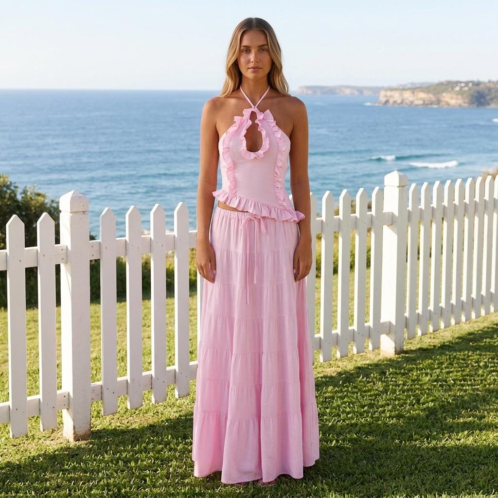 Summer Boho Two Piece Set Flowy Ruffle Skirt Halter Cami Top