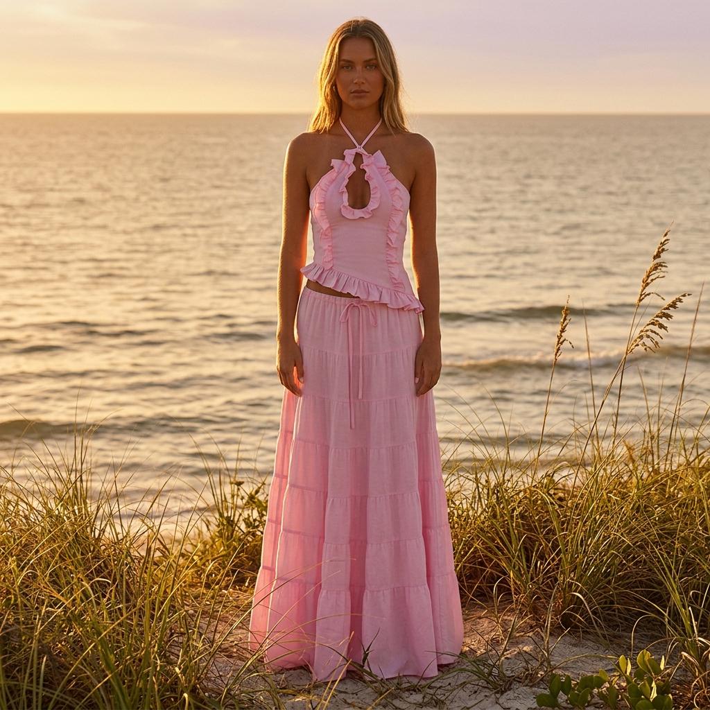 Summer Boho Two Piece Set Flowy Ruffle Skirt Halter Cami Top